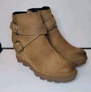 Sorel Womens Sz 8 Joan of Arctic Wedge II Buckle Boots Brown Leather